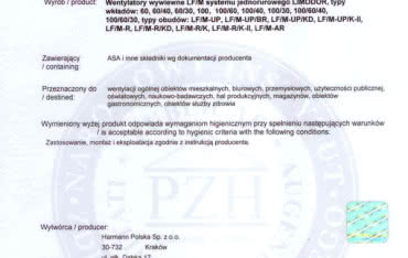 Wentylatory Harmann z certyfikatami PZH